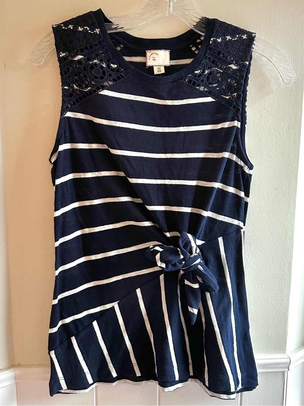 Anthropologie Navy Blue White Tie Front Asymmetrical Stripe Tank XS